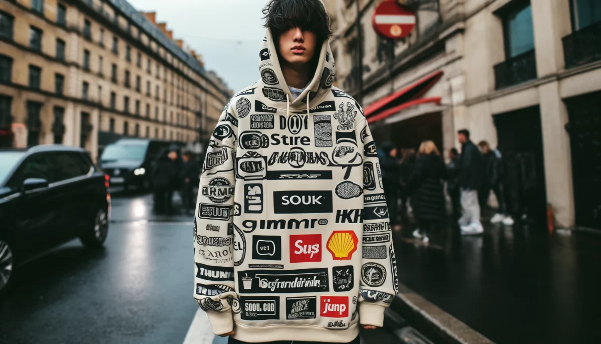 DALL·E 2024 04 30 00.59.39 A fashionable urban setting with a young adult wearing an oversized hoodie covered entirely with large repetitive logos. The logos should vary in des