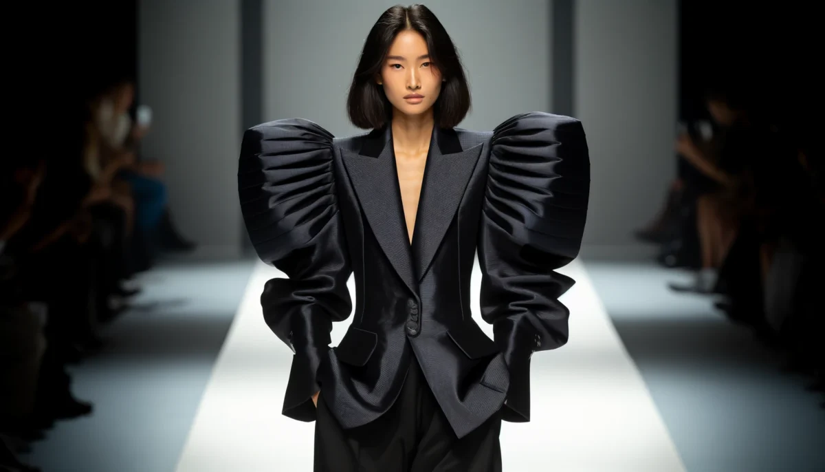 DALL·E 2024 04 30 01.07.39 A fashion model on a runway wearing a modern stylish outfit featuring oversized shoulder pads. The model is of mixed Asian descent with medium length
