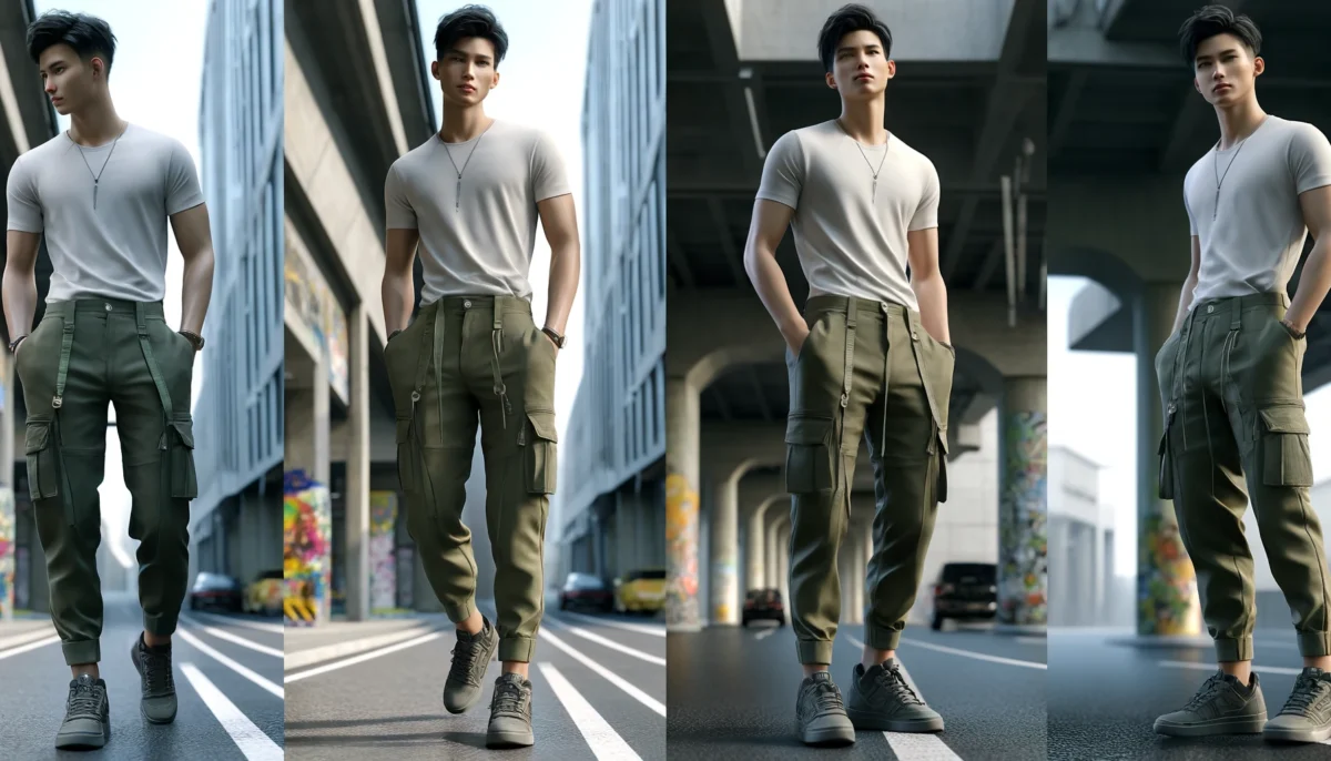 DALL·E 2024 04 30 01.08.32 A highly detailed realistic depiction of a fashion model posing in an urban environment wearing stylish cargo pants. The model is a young Asian male
