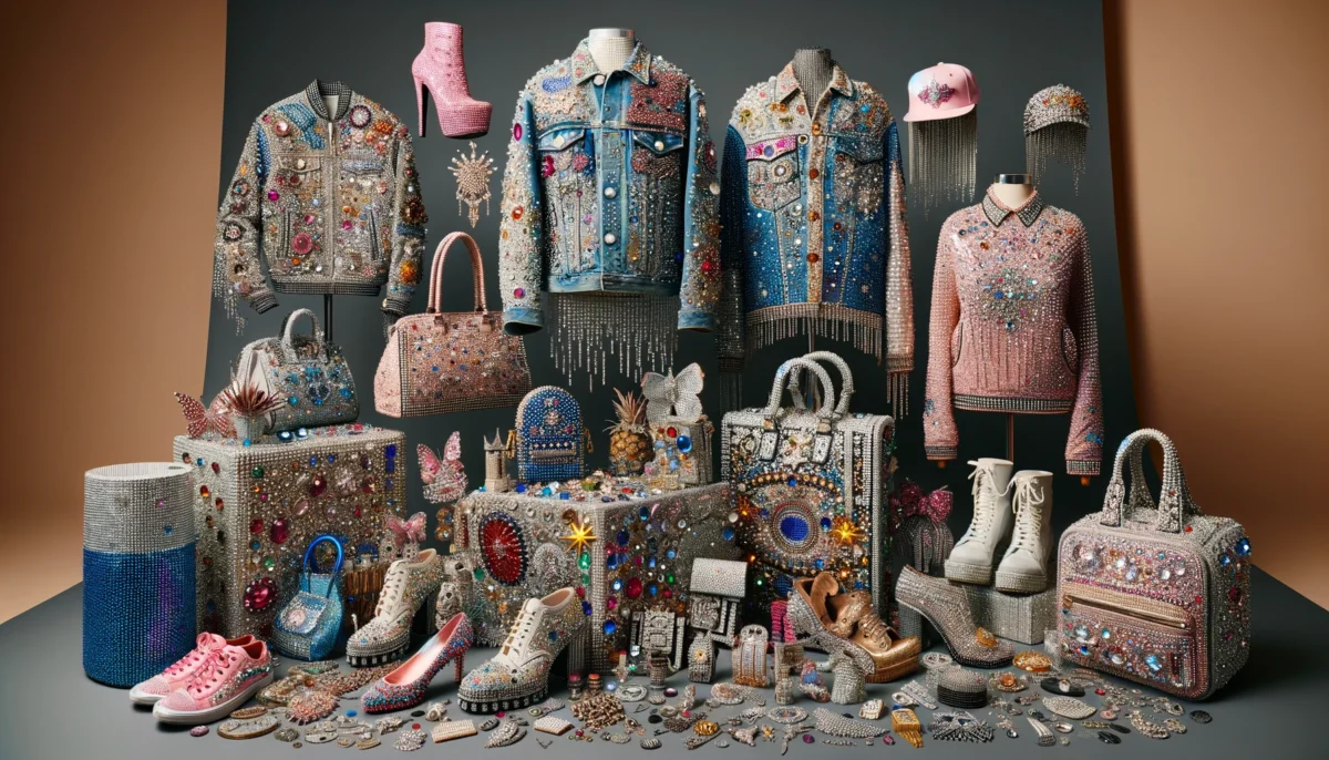 DALL·E 2024 04 30 01.11.33 A lavish display of clothing and accessories covered in an excessive amount of rhinestones sequins and glitter. The scene includes a variety of item