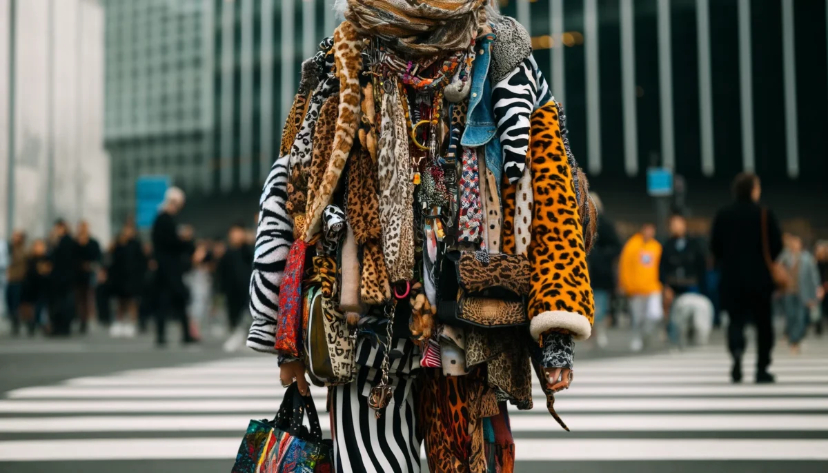 DALL·E 2024 04 30 01.20.31 A fashion forward person walking in an urban environment draped in multiple animal print pieces. The outfit is a chaotic mix of zebra leopard and t